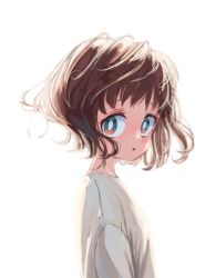 Rule 34 | 1girl, absurdres, bad id, bad twitter id, blue eyes, blush, bright pupils, brown hair, from side, gishiki (gshk), highres, looking at viewer, looking to the side, original, parted lips, simple background, solo, upper body, white background, white pupils, wide-eyed