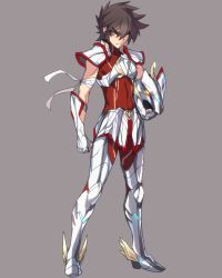 Rule 34 | &gt;:/, 1boy, :/, angry, armor, ban! (bansankan), bandages, breastplate, brown eyes, brown hair, clenched hand, closed mouth, full body, gauntlets, helmet, highres, male focus, pauldrons, pegasus seiya, saint seiya, short hair, shoulder armor, simple background, solo, standing, thick eyebrows, v-shaped eyebrows