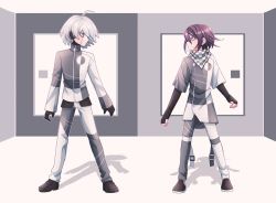 Rule 34 | 2boys, ahoge, black footwear, brown footwear, checkered clothes, checkered scarf, cheer (cheerpuppy14), commentary, danganronpa (series), danganronpa v3: killing harmony, english commentary, fingerless gloves, full body, gloves, grey hair, grey pants, grey shirt, headphones, k1-b0, legs apart, long sleeves, looking at another, male focus, multiple boys, multiple views, oma kokichi, pants, purple hair, reference request, scarf, shirt, shoes, sleeves past wrists, smile, standing, two-tone shirt, ura-omote lovers (vocaloid), vocaloid, white pants, white shirt