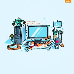 Rule 34 | :3, artist logo, blue background, cat, commentary, computer, computer tower, cup, dated, figure, flower pot, handheld game console, highres, koto chan444, lying, computer mouse, mug, neckerchief, no humans, original, red neckerchief, robot, simple background, sparkle, sticker, wire
