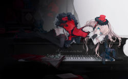 Rule 34 | 1girl, black gloves, black thighhighs, blonde hair, blue eyes, blunt bangs, bow, cierra (ra-bit), commentary request, detached sleeves, dress, flower, gloves, hat, instrument, long hair, looking at viewer, lying, mini hat, original, piano, red dress, red hat, sheet music, sleeveless, sleeveless dress, solo, stuffed animal, stuffed rabbit, stuffed toy, thighhighs
