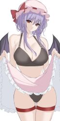 Rule 34 | 1girl, 7saki, bare shoulders, bat wings, breasts, cleavage, cowboy shot, gluteal fold, hair between eyes, hat, highres, large breasts, lifted by self, mob cap, remilia scarlet, short hair with long locks, sidelocks, simple background, solo, thigh gap, touhou, underwear, unfinished, white background, wings