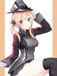Rule 34 | 10s, 1girl, anchor hair ornament, aqua eyes, bad id, bad pixiv id, black ribbon, black skirt, blonde hair, breasts, cross, gloves, hair ornament, hat, iron cross, kantai collection, kuran (yourcatissick), large breasts, long hair, long sleeves, low twintails, microskirt, military, military hat, military uniform, peaked cap, prinz eugen (kancolle), ribbon, skirt, smile, solo, twintails, uniform, white gloves