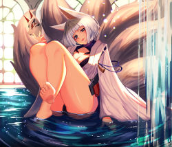 Rule 34 | 1girl, animal ears, azur lane, barefoot, blue eyes, breasts, cleavage, feet, female focus, fox tail, full body, indoors, japanese clothes, kaga (azur lane), legs, lipstick, looking at viewer, makeup, mask, medium breasts, multiple tails, shiodango, short hair, silver hair, sitting, smile, soles, solo, tail, thick thighs, thighs, toes, water