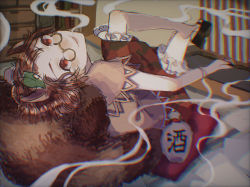 Rule 34 | 1girl, absurdres, animal ears, bookshelf, brown hair, brown shirt, chromatic aberration, commentary, drawer, frilled skirt, frills, full body, futatsuiwa mamizou, glasses, highres, holding, holding smoking pipe, indoors, leaf, leaf on head, lipstick, looking at viewer, looking up, lying, makeup, okobo, on back, paper, pouch, raccoon ears, raccoon girl, raccoon tail, red eyes, red skirt, sandals, semi-rimless eyewear, shirt, short hair, short sleeves, sizuo 1997619, skirt, smile, smoke, smoking, smoking pipe, solo, tail, touhou, yellow-framed eyewear