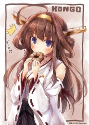 Rule 34 | 10s, 1girl, ^^^, ahoge, brown hair, character name, detached sleeves, doughnut, eating, food, hair bun, holding, jewelry, kantai collection, kongou (kancolle), long hair, looking at viewer, nontraditional miko, purple eyes, ribbon-trimmed sleeves, ribbon trim, ring, single hair bun, sketch, skirt, solo, suien, translation request, wedding band