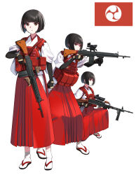 3girls absurdres assault_rifle battle_rifle black_gloves black_hair brown_eyes gloves gun hiememiko highres holding holding_gun holding_weapon howa_type_64 japanese_clothes kneeling looking_at_viewer miko multiple_girls original rifle sand simple_background socks weapon white_background white_socks