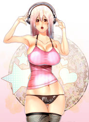 Rule 34 | 1girl, blush, breasts, cleavage, clothes writing, commentary request, female focus, headphones, large breasts, long hair, looking at viewer, navel, nitroplus, open mouth, panties, pink hair, puu maru, red eyes, skindentation, solo, super sonico, thighhighs, underwear