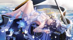 Rule 34 | 1girl, absurdres, arm up, bandaged leg, bandages, barefoot, black hair, blue eyes, blue flower, blue hair, breasts, chinese commentary, closed mouth, commentary, dress, flower, flower on liquid, grand piano, hair between eyes, hair flower, hair ornament, highres, honkai (series), honkai impact 3rd, instrument, lingshalan, long hair, lying, medium breasts, multicolored hair, on back, piano, seele vollerei, seele vollerei (herrscher of rebirth), smile, soles, solo, two-tone hair, very long hair, water, white dress, white flower