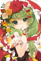 Rule 34 | 1girl, blush, closed mouth, corset, eyebrows hidden by hair, flower, flower request, front ponytail, green eyes, green hair, hair flower, hair ornament, hand up, highres, kagiyama hina, long hair, looking at viewer, nail polish, nomu (29 nom), orange flower, red flower, simple background, smile, solo, touhou, white background, white flower
