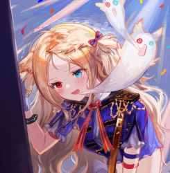 Rule 34 | 1girl, against wall, animal ear fluff, archetto (arknights), archetto (publicity strategy) (arknights), arknights, blue background, blue eyes, blush, bow, bowtie, bracelet, confetti, crop top, crying, crying with eyes open, ears down, forehead, ghost, giving up the ghost, hair bow, highres, infection monitor (arknights), jewelry, leaning forward, light rays, official alternate costume, one side up, parted bangs, red bow, red bowtie, red eyes, short sleeves, solo, spacelongcat, tears, upper body
