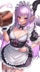 Rule 34 | 1girl, apron, black dress, bone, boned meat, breasts, dragon girl, dragon horns, dragon tail, dress, food, frilled apron, frilled dress, frills, garter straps, highres, holding, holding plate, horns, long hair, maid, maid apron, maid headdress, meat, original, plate, pointy ears, puffy short sleeves, puffy sleeves, purple eyes, purple hair, revision, short dress, short sleeves, single horn, small breasts, solo, suraimu (suraimuraimu), tail, thighhighs, very long hair, waist apron, white apron, white thighhighs, wrist cuffs