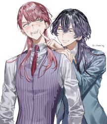 Rule 34 | 2boys, absurdres, annoyed, arm rest, blue suit, blush, chamuring, cheek poking, evil grin, evil smile, formal, frown, green eyes, grin, haitani rindou, hand on another&#039;s shoulder, highres, leaning on person, leaning to the side, light blue jacket, male focus, multicolored hair, multiple boys, necktie, pink hair, poking, purple hair, purple necktie, purple vest, sanzu haruchiyo, scar, scar on face, shirt, smile, striped clothes, suit, teeth, tokyo revengers, two-tone hair, upper body, upper teeth only, vest, white shirt, wolf cut, yaoi