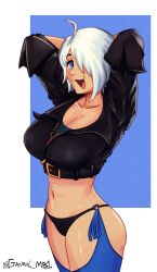 Rule 34 | 1girl, ahoge, angel (kof), backless pants, blue eyes, bra, breasts, chaps, cleavage, crop top, cropped jacket, gavriil mb1, hair over one eye, jacket, large breasts, leather, leather jacket, looking at viewer, midriff, navel, open mouth, panties, pants, short hair, smile, snk, solo, strapless, strapless bra, the king of fighters, the king of fighters xiv, toned, underwear, white hair