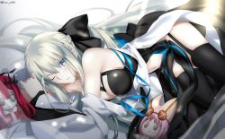 Rule 34 | 1girl, absurdres, bare shoulders, black bow, black dress, black footwear, blue eyes, blush, boots, bow, braid, breasts, center opening, cleavage, detached sleeves, dress, baobhan sith (fate), fate/grand order, fate (series), foo (pixiv54892036), french braid, grey hair, habetrot (fate), hair bow, highres, large breasts, long hair, long sleeves, looking at viewer, lying, morgan le fay (fate), on side, one eye closed, pelvic curtain, ponytail, sidelocks, stuffed toy, thigh boots, thighhighs, thighs, two-tone dress, very long hair, white dress, wide sleeves