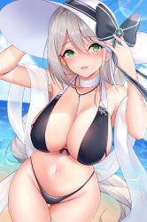 Rule 34 | 1girl, aquila (azur lane), aquila (a sip of sardegnian elegance) (azur lane), arms up, azur lane, beach, between breasts, bikini, breasts, choker, cleavage, green eyes, hat, highres, jewelry, large breasts, long hair, looking at viewer, navel, necklace, official alternate costume, ranju aira, solo, sun hat, swimsuit, thigh gap, thighs, white hair