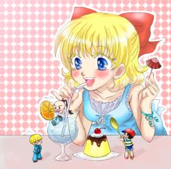 Rule 34 | 1girl, 3boys, bad id, bad pixiv id, bald, bare shoulders, baseball cap, black hair, blonde hair, blue eyes, blunt bangs, blush, braid, cherry, child, cocktail umbrella, dress, drink, drinking straw, food, fruit, glasses, hair ornament, hair ribbon, hat, in container, jeff andonuts, mini person, miniboy, mother (game), mother 2, multiple boys, ness (mother 2), nintendo, orange (fruit), paula (mother 2), poo (mother 2), pudding, ribbon, spoon, sundress, tongue, umbrella