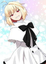 Rule 34 | 1girl, antenna hair, arcueid brunestud, arms behind back, black bow, blonde hair, blush, bow, bowtie, buttons, capelet, commentary, dress, fujihana (mugenpixel), fur-trimmed capelet, fur trim, grin, half-closed eyes, head tilt, looking at viewer, official alternate costume, red eyes, short hair, signature, single hair intake, smile, solo, teeth, tsukihime, tsukihime (remake), upper body, white capelet, white dress
