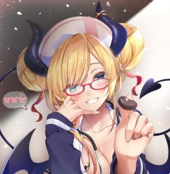 Rule 34 | 1girl, bat tattoo, blonde hair, blue eyes, blue jacket, blush, breast tattoo, breasts, candy, chocolate, chocolate heart, cleavage, commentary request, demon girl, demon horns, demon tail, demon wings, double bun, food, glasses, grin, hair bun, hat, heart, highres, holding, holding chocolate, holding food, hololive, horn ornament, horns, incoming food, jacket, large breasts, long sleeves, looking at viewer, makinan, multicolored hair, nurse cap, off shoulder, open clothes, open jacket, red hair, smile, solo, speech bubble, streaked hair, swept bangs, tail, tail raised, tattoo, virtual youtuber, wings, yuzuki choco, yuzuki choco (nurse)