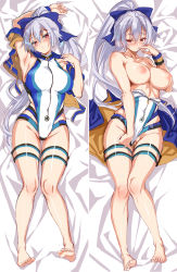 Rule 34 | 1girl, armpits, bare shoulders, blue ribbon, breasts, cle masahiro, clothes pull, collarbone, competition swimsuit, covered navel, cropped jacket, dakimakura (medium), eyes visible through hair, fate/grand order, fate (series), gluteal fold, groin, hair ribbon, highres, jacket, jacket over swimsuit, large breasts, nipples, one-piece swimsuit, one-piece swimsuit pull, ponytail, red eyes, ribbon, silver hair, solo, swimsuit, thigh gap, thigh strap, tomoe gozen (fate), tomoe gozen (swimsuit saber) (fate), tomoe gozen (swimsuit saber) (first ascension) (fate)