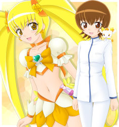 Rule 34 | 10s, 1girl, :d, androgynous, blonde hair, blush, bow, brooch, brown eyes, brown hair, choker, cure sunshine, dual persona, earrings, flat chest, flower, hair flower, hair ornament, hair ribbon, heart, heart brooch, heartcatch precure!, jewelry, long hair, magical girl, midriff, miracle!, myoudouin itsuki, navel, open mouth, orange bow, orange eyes, orange skirt, potpourri (heartcatch precure!), precure, ribbon, school uniform, short hair, skirt, smile, standing, thigh gap, turtleneck, twintails, very long hair, yellow background, yellow bow, yellow eyes, yellow theme