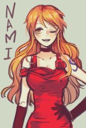 Rule 34 | 1girl, character name, dress, gloves, hand on own hip, nami (one piece), one piece, orange hair, red dress, sanme, solo, wink