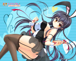 Rule 34 | 1girl, absurdres, ahoge, animal ears, arisue tsukasa, ass, bare shoulders, black dress, black hair, blush, braid, breasts, brown eyes, brown thighhighs, closed mouth, company name, copyright name, curvy, detached collar, dress, dutch angle, fake animal ears, fake tail, feet out of frame, floating hair, garter straps, gift, hair between eyes, hair intakes, heart, highres, holding, holding gift, huge ahoge, impossible clothes, incredibly absurdres, jougasaki ayaka, kin-iro loveriche, knees together feet apart, large breasts, leotard, blue background, long hair, looking at viewer, official art, playboy bunny, rabbit ears, rabbit tail, short dress, sidelocks, simple background, single braid, skindentation, smile, solo, strapless, strapless dress, tail, textless version, thighhighs, thighs, third-party edit, very long hair, white wrist cuffs, wrist cuffs