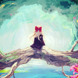 Rule 34 | 1girl, back, black robe, blonde hair, bow, cape, female focus, flower, forest, from behind, hair bow, in tree, long hair, nature, original, outdoors, robe, sitting, sitting in tree, solo, tokiame, tree, water