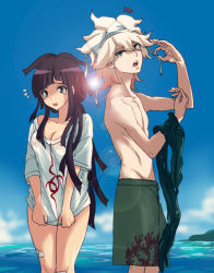 Rule 34 | 1boy, 1girl, bandaid, bikini, black hair, borrowed clothes, breasts, brown hair, cleavage, clothes pull, collarbone, danganronpa (series), danganronpa 2: goodbye despair, day, dosugon, dot nose, flame print, from side, green male swimwear, green swim trunks, grey hair, groin, holding, komaeda nagito, large breasts, long hair, looking at viewer, looking to the side, male swimwear, messy hair, mole, mole under eye, multicolored hair, notice lines, ocean, outdoors, print male swimwear, print shirt, print swim trunks, pulling own clothes, shirt, shirt pull, short sleeves, single bare shoulder, swim trunks, swimsuit, tearing up, tsumiki mikan, two-tone hair, unworn bikini