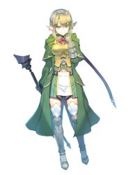 Rule 34 | 1girl, blonde hair, bow, bowtie, breasts, cape, dairoku ryouhei, elf, evelyn lambert, full body, gauntlets, green cape, green eyes, hand up, holding, holding weapon, long hair, looking at viewer, medium breasts, pointy ears, red bow, red bowtie, sidelocks, solo, soramiruku, standing, transparent background, weapon