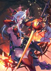 Rule 34 | 1girl, blurry, blurry background, breasts, dice of soul, gloves, hand up, highres, holding, holding sword, holding weapon, horns, large breasts, looking at viewer, navel, nawol, open mouth, red eyes, red gloves, red thighhighs, silver hair, standing, sword, thighhighs, thorns, watermark, weapon