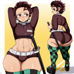 Rule 34 | 1boy, absurdres, arms behind head, ass, belt, blackwhiplash, blush, brown eyes, brown hair, bulge, come hither, crossdressing, from behind, highres, huge ass, kamado tanjirou, kimetsu no yaiba, looking at viewer, looking back, male focus, midriff, navel, platform footwear, platform heels, sheath, sheathed, shiny skin, short hair, short shorts, shorts, shy, simple background, smile, solo, sword, thick thighs, thighhighs, thighs, trap, weapon, wide hips