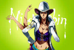 Rule 34 | 1girl, black hair, blue eyes, breasts, character name, cleavage, color background, cowboy hat, eilinna, fur trim, gradient background, hana hana no mi, hand on own hip, hat, jacket, midriff, nico robin, one piece, solo, white hat, white jacket