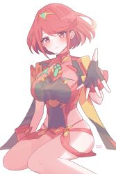 Rule 34 | 1girl, absurdres, black gloves, breasts, chest jewel, earrings, fingerless gloves, gloves, highres, jewelry, kotohatoko510, lap pillow, large breasts, pyra (xenoblade), red eyes, red hair, red shorts, red thighhighs, short hair, short shorts, shorts, solo, swept bangs, thighhighs, thighs, tiara, xenoblade chronicles (series), xenoblade chronicles 2