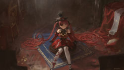 Rule 34 | 1girl, bandages, blush, breasts, cleavage, eyepatch, gothic lolita, hat, highres, hololive, houshou marine, houshou marine (gothic lolita), large breasts, lolita fashion, long hair, looking at viewer, official alternate costume, pantyhose, red eyes, red hair, see-through, see-through cleavage, smile, solo, twintails, virtual youtuber, white pantyhose, zeradok