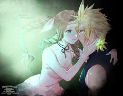 Rule 34 | 1boy, 1girl, aerith gainsborough, arm around neck, unworn armor, bare arms, blonde hair, blue eyes, braid, braided ponytail, breasts, brown hair, choker, cleavage, cloud strife, couple, curly hair, dress, earrings, final fantasy, final fantasy vii, final fantasy vii remake, flower, green eyes, hair between eyes, hair ribbon, hand on another&#039;s cheek, hand on another&#039;s face, imminent kiss, jacket, unworn jacket, jewelry, krudears, lily (flower), medium breasts, parted bangs, pink dress, ribbon, sidelocks, single earring, sleeveless, sleeveless turtleneck, spiked hair, square enix, turtleneck, upper body, yellow flower