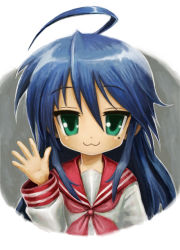 00s 1girl :3 ahoge bad_id bad_pixiv_id blue_hair female_focus green_eyes hiro1984 izumi_konata long_hair lucky_star mole mole_under_eye school_uniform serafuku solo waving