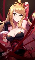 Rule 34 | 1girl, arm ribbon, arms behind head, black gloves, blonde hair, breasts, chelle (dragalia lost), cleavage, dated, dragalia lost, gloves, highres, large breasts, leotard, long hair, looking at viewer, punished pigeon, red ribbon, ribbon, smile, solo, tiara, v-shaped eyebrows, very long hair, watermark, yellow eyes