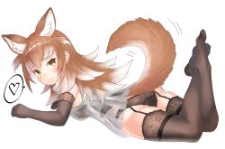Rule 34 | 10s, 1girl, animal ear fluff, animal ears, black bra, black garter belt, black gloves, black panties, black thighhighs, blush, bra, brown hair, chemise, choir (artist), commentary request, elbow gloves, extra ears, feet up, from side, full body, garter belt, gloves, gradient hair, heart, highres, japanese wolf (kemono friends), kemono friends, lace, lace-trimmed gloves, lace-trimmed legwear, lace panties, lace trim, lingerie, long hair, looking at viewer, looking to the side, lying, motion lines, multicolored hair, no shoes, on stomach, panties, simple background, smile, solo, spoken heart, tail, tail wagging, thighhighs, underwear, white background, white hair, wolf ears, wolf tail, yellow eyes