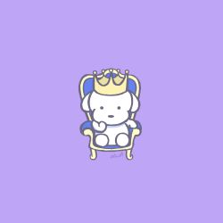 Rule 34 | absurdres, animal, animal focus, arm rest, chair, chibi, commentary, crown, dog, hand on own face, highres, looking at viewer, no humans, olivia (shkm2443), original, purple background, signature, simple background, sitting, white dog