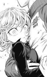 Rule 34 | 1boy, 1girl, breast press, breasts, constricted pupils, curly hair, dress, greyscale, jacket, long sleeves, monochrome, murata yuusuke, official art, one-punch man, saitama (one-punch man), size difference, small breasts, tatsumaki