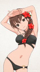 Rule 34 | 1girl, akagi (fmttps), armpits, arms up, artist name, bikini, black bikini, braid, breasts, brown eyes, brown hair, closed mouth, cowboy shot, flower, girls und panzer, grey background, hair flower, hair ornament, hair over shoulder, head tilt, highres, leaning to the side, light smile, lips, long hair, looking at viewer, medium breasts, multi-strapped bikini, navel, o-ring, o-ring bikini, o-ring bottom, own hands together, revision, rukuriri (girls und panzer), single braid, skindentation, solo, standing, swimsuit, texture, twitter username