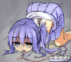 Rule 34 | 1girl, bdsm, bondage, bound, crying, crying with eyes open, drooling, electricity, eyebrows hidden by hair, female focus, grey background, hair between eyes, hair ribbon, hassai, heterochromia, open mouth, original, peeing, peeing self, piercing, pleated skirt, purple eyes, purple hair, purple skirt, ribbon, shirt, short sleeves, side ponytail, simple background, skirt, solo, tears, top-down bottom-up, white ribbon, white shirt, yellow eyes