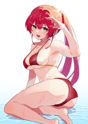 Rule 34 | 1girl, :d, absurdres, ass, bikini, breasts, commentary request, enipa 28, fang, hand up, heart, heart necklace, heterochromia, highres, hololive, houshou marine, houshou marine (summer), jewelry, large breasts, long hair, looking at viewer, necklace, official alternate costume, official alternate hairstyle, open mouth, ponytail, red bikini, red eyes, red hair, sideboob, sitting, skin fang, smile, solo, swimsuit, virtual youtuber, water, wet, white background, yellow eyes, yokozuwari