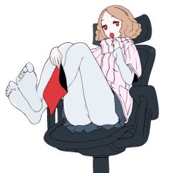 Rule 34 | 10s, 1girl, candy, feet, food, highres, lollipop, no shoes, okumura haru, persona, persona 5, solo, thighhighs, toes, white thighhighs