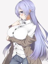 Rule 34 | 1girl, absurdres, alternate costume, azur lane, blue eyes, blush, braid, breast hold, breasts, buttons, collared shirt, commentary request, denim, finger to mouth, floating hair, french braid, grey background, highres, jeans, large breasts, light purple hair, lips, long hair, long sleeves, looking at viewer, looking to the side, pants, parted lips, rodney (azur lane), shirt, simple background, solo, standing, very long hair, white shirt, yamanokami eaka