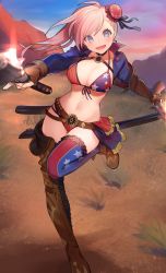 Rule 34 | 1girl, american flag, american flag bikini, american flag print, asymmetrical hair, bikini, blue eyes, blush, breasts, bun cover, cleavage, commentary, commentary request, dual wielding, fate/grand order, fate (series), flag print, gun, gunblade, hair bun, hair ornament, highres, holding, holding weapon, huge weapon, large breasts, long hair, looking at viewer, miyamoto musashi (fate), miyamoto musashi (fate/grand order), miyamoto musashi (swimsuit berserker) (fate), miyamoto musashi (swimsuit berserker) (second ascension) (fate), navel, open mouth, outdoors, pink hair, print bikini, side-tie bikini bottom, single hair bun, solo, swimsuit, sword, tym taro, united states, weapon