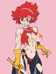 Rule 34 | 1girl, absurdres, breasts, choker, clenched teeth, clothing cutout, cutie honey, cutie honey (character), gloves, hairband, highres, kooni, medium breasts, navel, nipples, pink background, red eyes, red hair, scratches, short hair, simple background, solo, sword, teeth, torn clothes, weapon