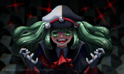 Rule 34 | 1girl, bear hair ornament, black background, black collar, cape, child, collar, danganronpa (series), danganronpa 3 (anime), danganronpa another episode: ultra despair girls, eyebrows, eyelashes, fangs, gloves, glowing, glowing eyes, green eyes, green hair, grey background, hair ornament, hat, highres, insane, looking at viewer, matching hair/eyes, military hat, monokuma, multicolored background, multicolored clothes, neckerchief, nose, open mouth, red background, red neckerchief, signature, simple background, teeth, tongue, towa monaca, twintails, upper body, watermark, white background, white collar, white gloves