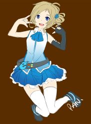 Rule 34 | 1girl, \m/, ahoge, aizawa inori, artist name, belt, blue eyes, boots, brown background, double \m/, elbow gloves, fingerless gloves, full body, gloves, hair ornament, highres, internet explorer, kashi kosugi, knees together feet apart, looking at viewer, open mouth, os-tan, pan., side ponytail, simple background, single elbow glove, sketch, skirt, smile, solo, thigh gap, white legwear